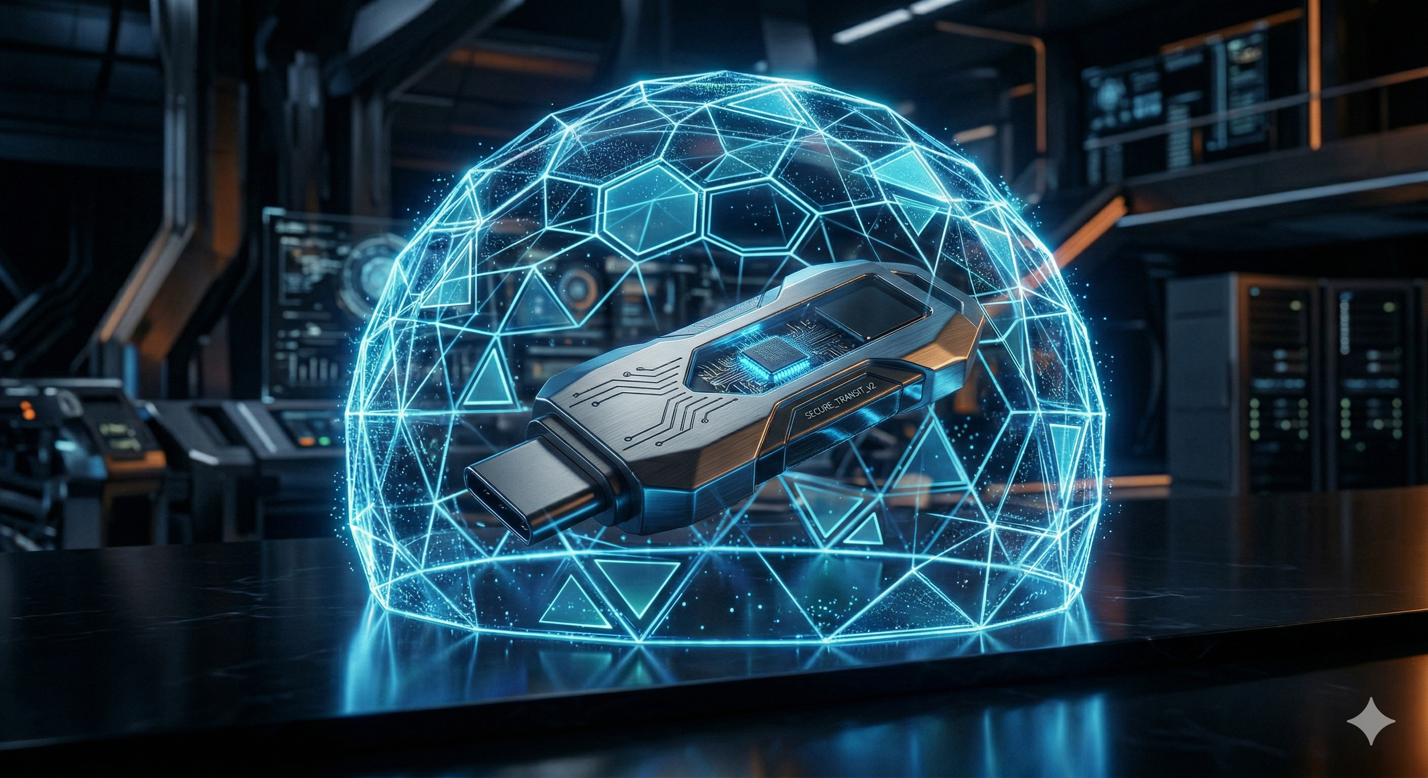 Conceptual 3D art, sleek metallic USB drive resting on obsidian desk, disconnected, geometric energy shield, dark futuristic environment, 8k